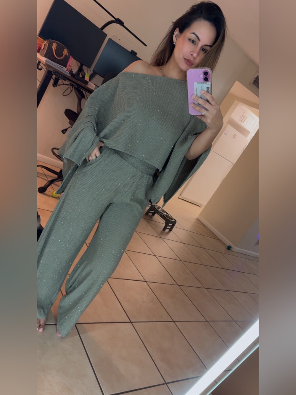 Love Poem Olive Green with sparkle ✨ Wide-Leg Pant Set and crop flowy top